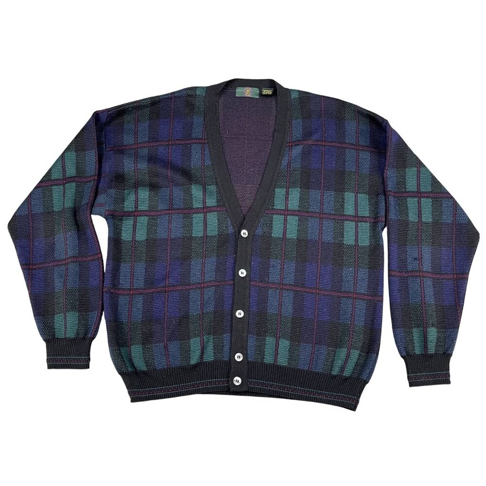 Club Room 100% Merino Wool Deep V-Neck Plaid Cardigan Sz Medium Made in Italy
